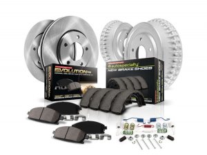 Honda Civic Brake Kit - Front + Rear - PowerStop - Slotted Rotors + PowerStop Z17 Brake Pads + PowerStop Evolution Premium Coated Drums - `12-`15